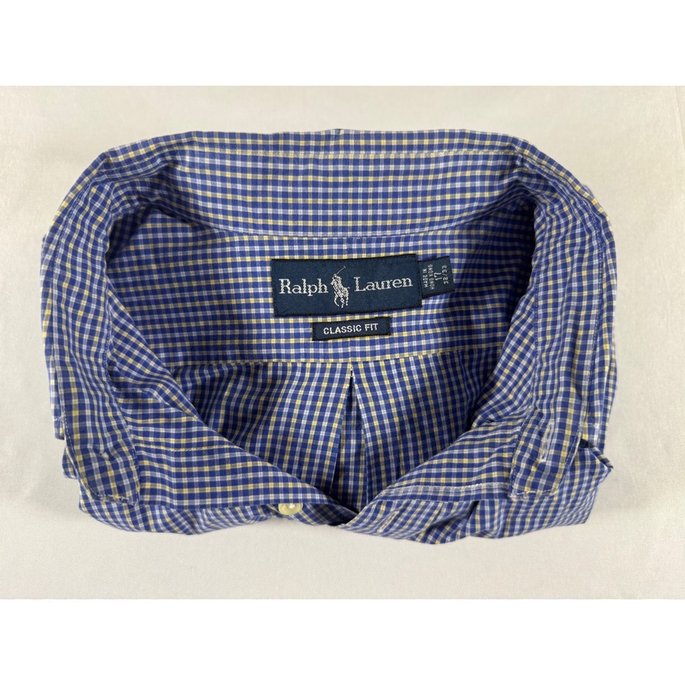 Ralph Lauren Mens Classic Fit Gingham Button Down Shirt Blue Yellow 17 32/33
